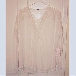 Free People white sheer blouse, lace-like neckline, size small